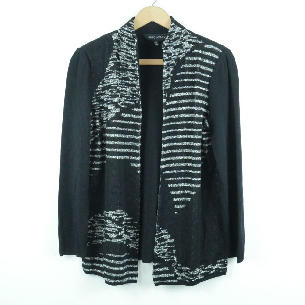 Ming Wang XS Sweater Knit Jacket Black Abstract Print Modal Blend Career Elegant